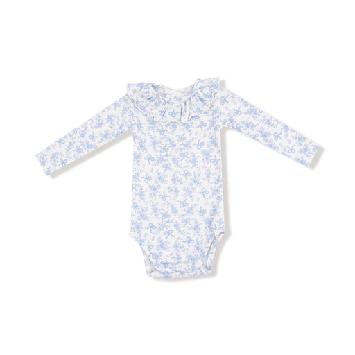 White baby onesie with blue floral pattern on a white background