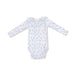 White baby onesie with blue floral pattern on a white background
