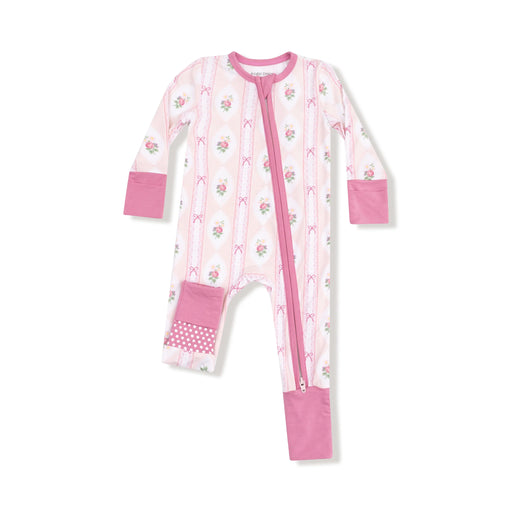 Pink and white baby onesie with floral pattern on a white background