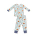 Children's onesie with football-themed pattern on a light blue background
