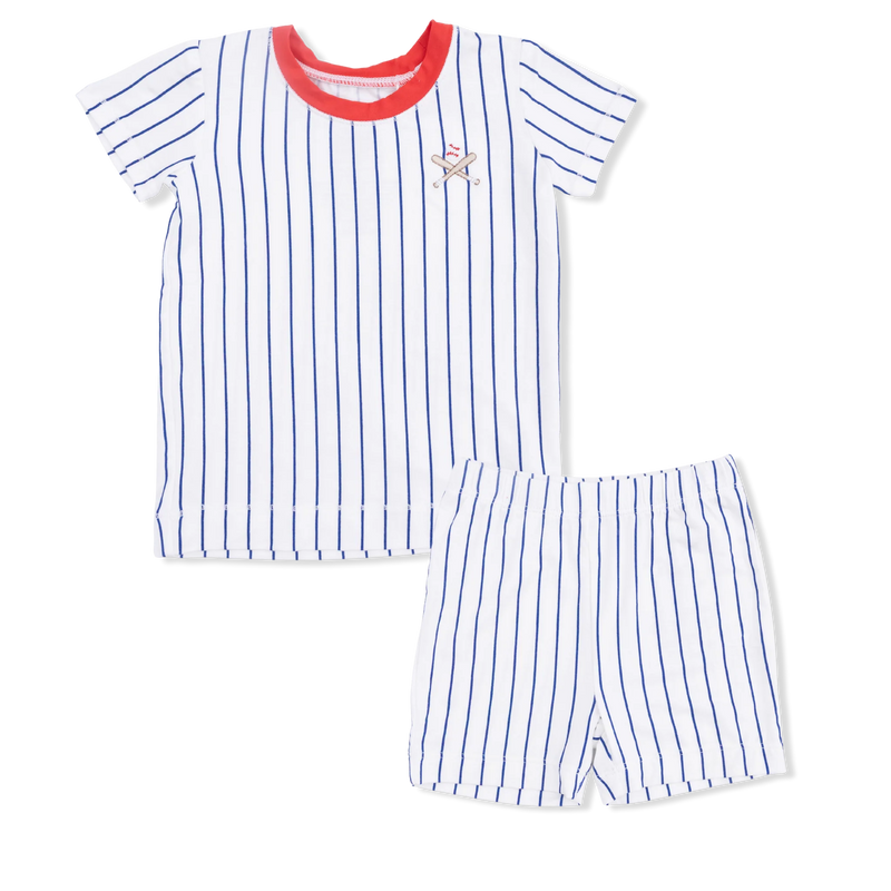 Children's pajama set with striped shirt and shorts on a white background