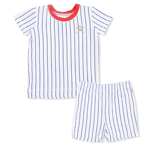 Children's pajama set with striped shirt and shorts on a white background