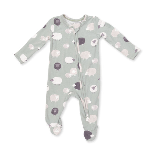 A baby long-sleeve footed sleeper in sage green with a pattern of sheep in white, light pink, and dark purple, featuring a front zipper.