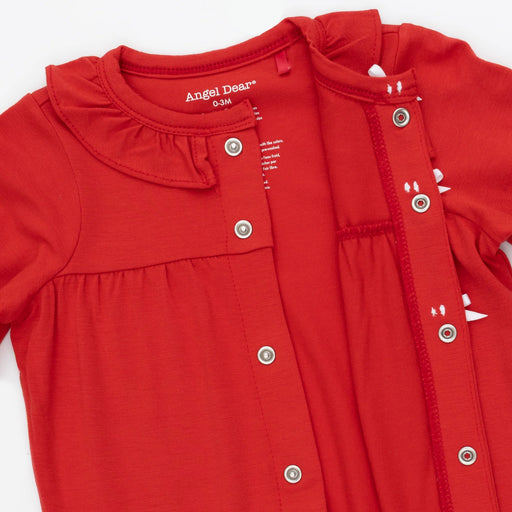 Close-up of the Angel Dear Ribbon Red romper ruffle collar and snap front