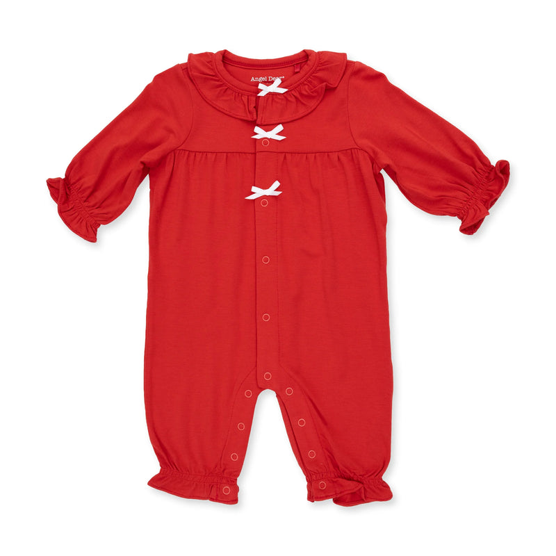 Angel Dear long sleeve ruffle collar romper in Ribbon Red with white bow details
