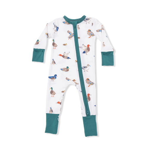 Children's onesie with duck pattern on a white background