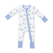 Baby onesie with golf pattern and blue accents on a white background