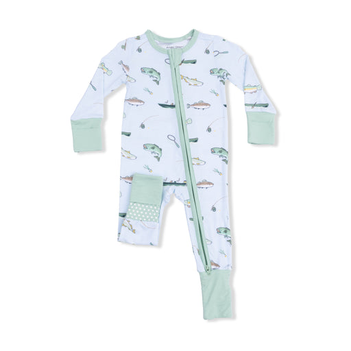 Baby onesie with fish pattern on a white background