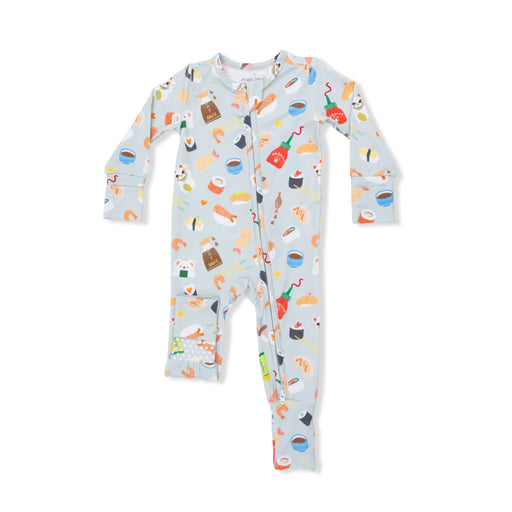 Children's onesie with colorful food pattern on a light blue background