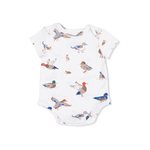 Baby onesie with duck pattern on a white background