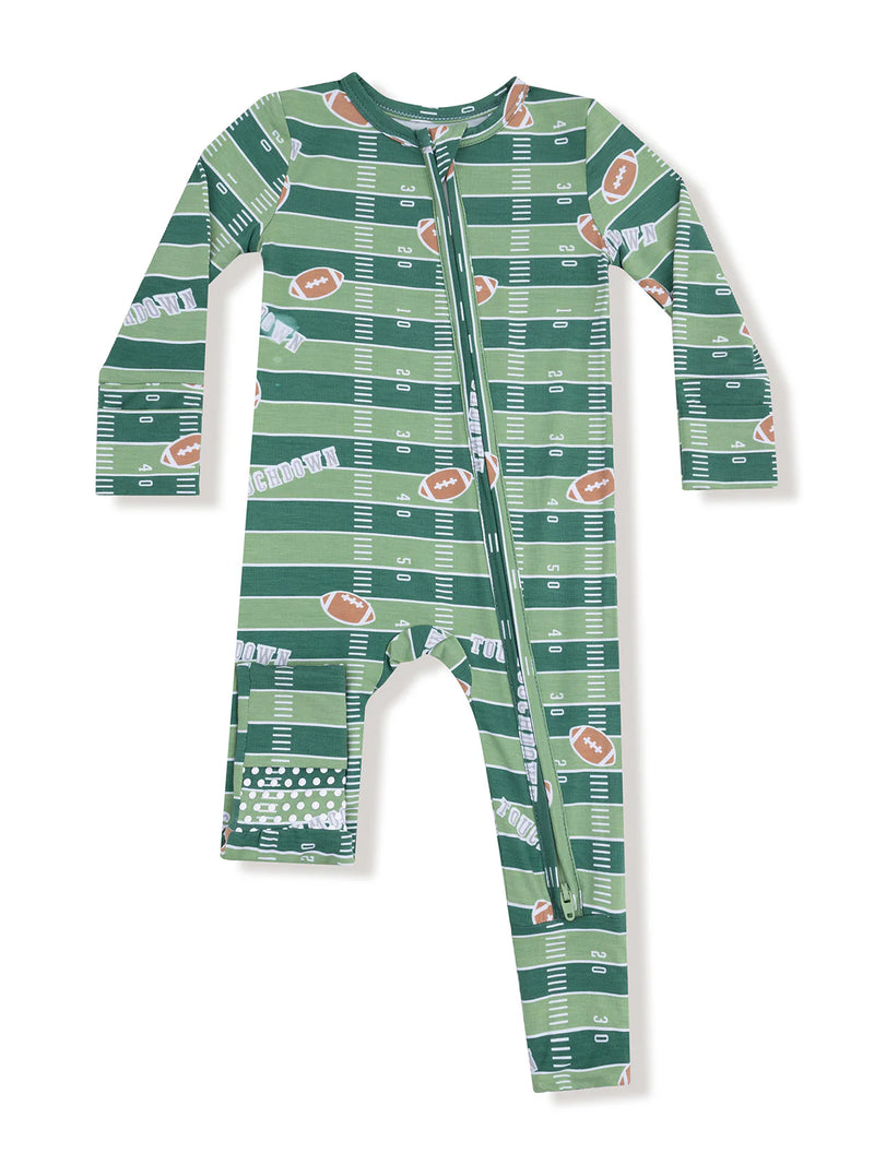 Green and white patterned onesie on a white background