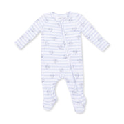 Baby onesie with blue and white striped pattern on a white background