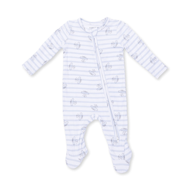 Baby onesie with blue and white striped pattern on a white background