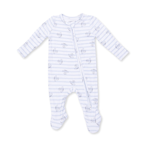 Baby onesie with blue and white striped pattern on a white background