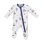 A baby long-sleeve footed sleeper with vertical navy blue pinstripes and a playful teddy bear pattern, featuring a navy blue zipper closure down the front.
