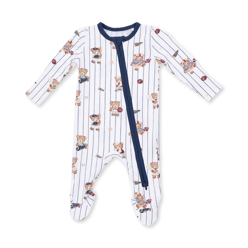 A baby long-sleeve footed sleeper with vertical navy blue pinstripes and a playful teddy bear pattern, featuring a navy blue zipper closure down the front.