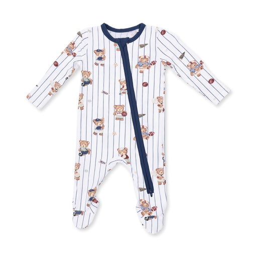 A baby long-sleeve footed sleeper with vertical navy blue pinstripes and a playful teddy bear pattern, featuring a navy blue zipper closure down the front.