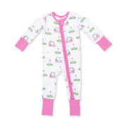 Baby onesie with golf-themed print and pink accents on a white background