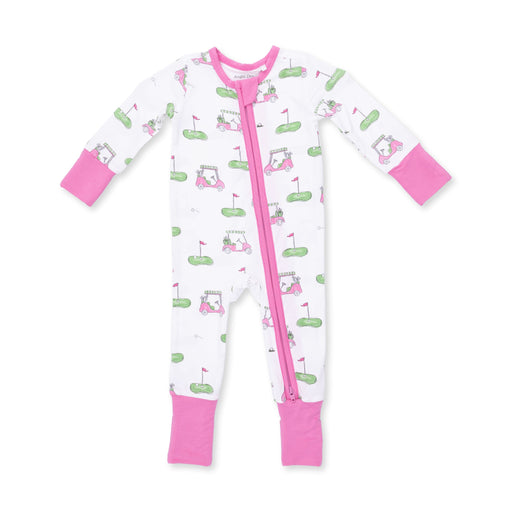 Baby onesie with golf-themed print and pink accents on a white background