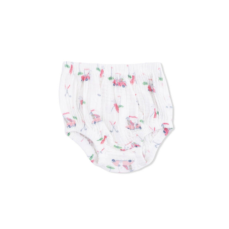 White muslin diaper cover with a colorful pattern of vintage tractors and crossed tools, shown flat on a white background.