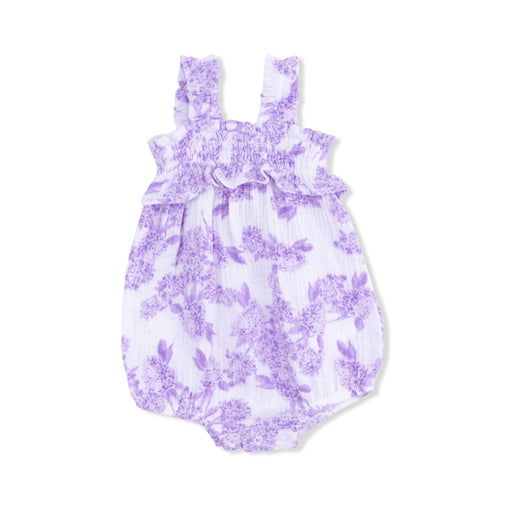 Purple floral baby romper on a white background