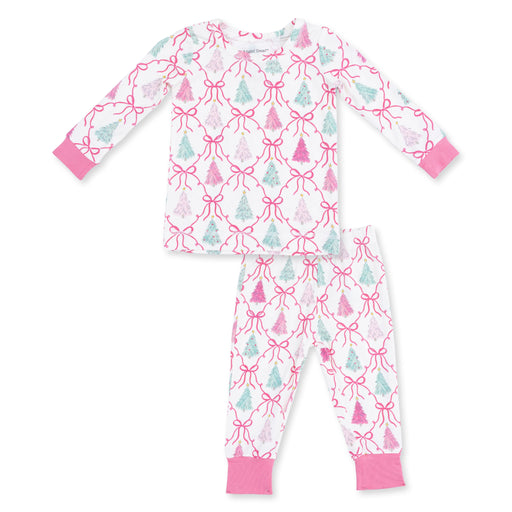 Angel Dear long sleeve loungewear set in Bow Trellis Tree, pink bows and Christmas trees with pink cuffs