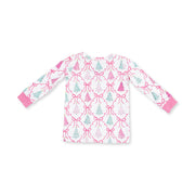 Angel Dear Bow Trellis Tree loungewear top with pink bows, Christmas trees and pink cuffs