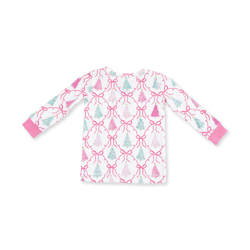 Angel Dear Bow Trellis Tree loungewear top with pink bows, Christmas trees and pink cuffs