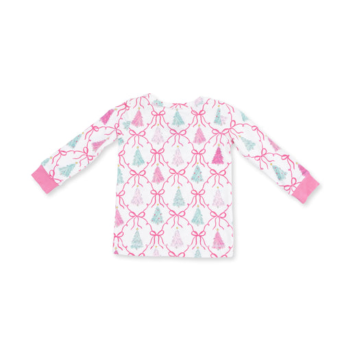 Angel Dear Bow Trellis Tree loungewear top with pink bows, Christmas trees and pink cuffs