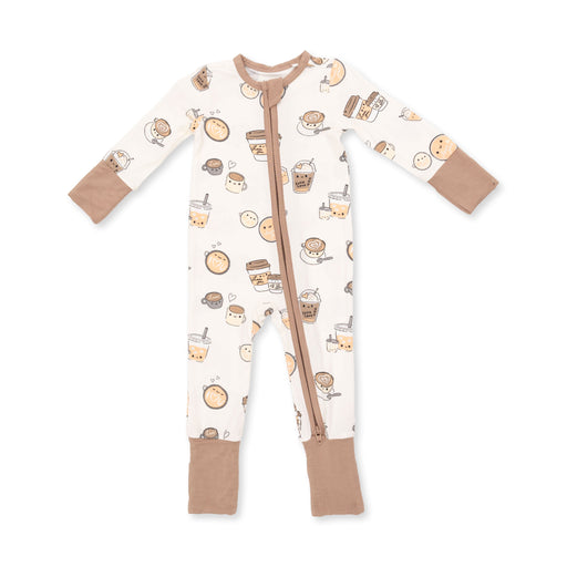 A baby long-sleeve footless one-piece sleeper with a front zipper, featuring a cream background with a cute cartoon bubble tea and pastry pattern, and solid tan cuffs and foot covers.