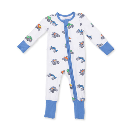 Children's onesie with monster truck pattern on a white background
