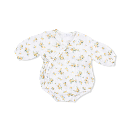 White baby onesie with yellow floral pattern on a white background