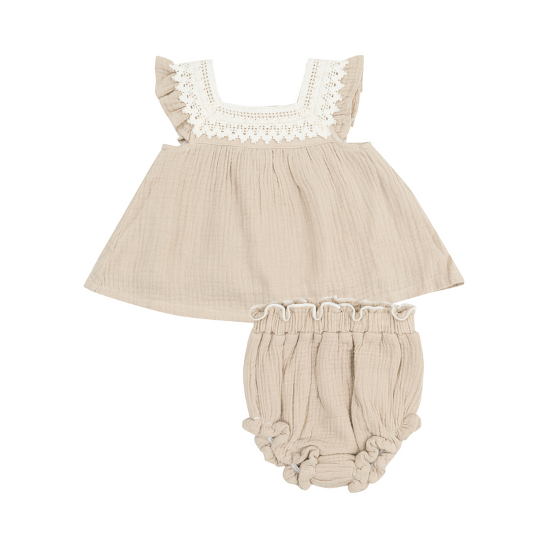 Angel Dear | Muslin Pinafore with Crochet Heart Lace and High-Waisted Diaper Cover | Solid Oxford Tan