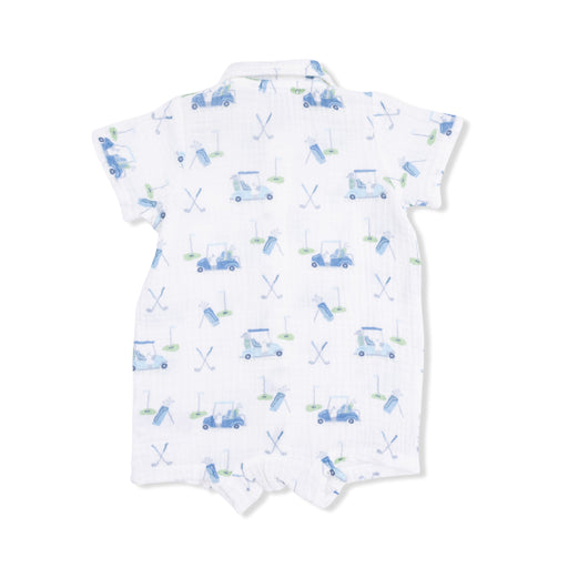 Baby romper with blue golf cart pattern on a white background