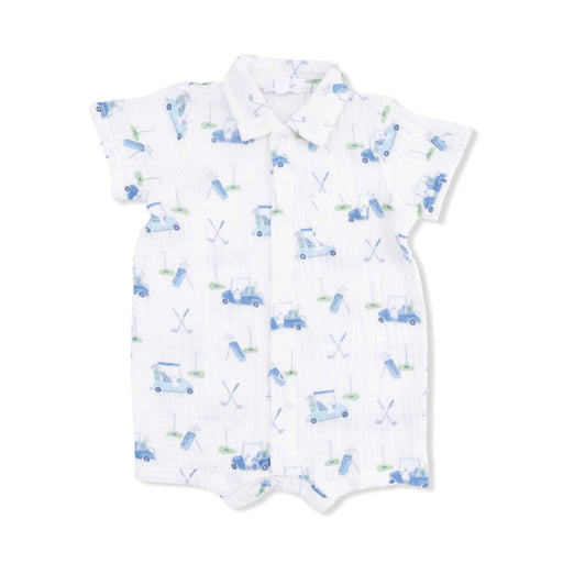 Baby romper with blue golf cartpattern on a white background