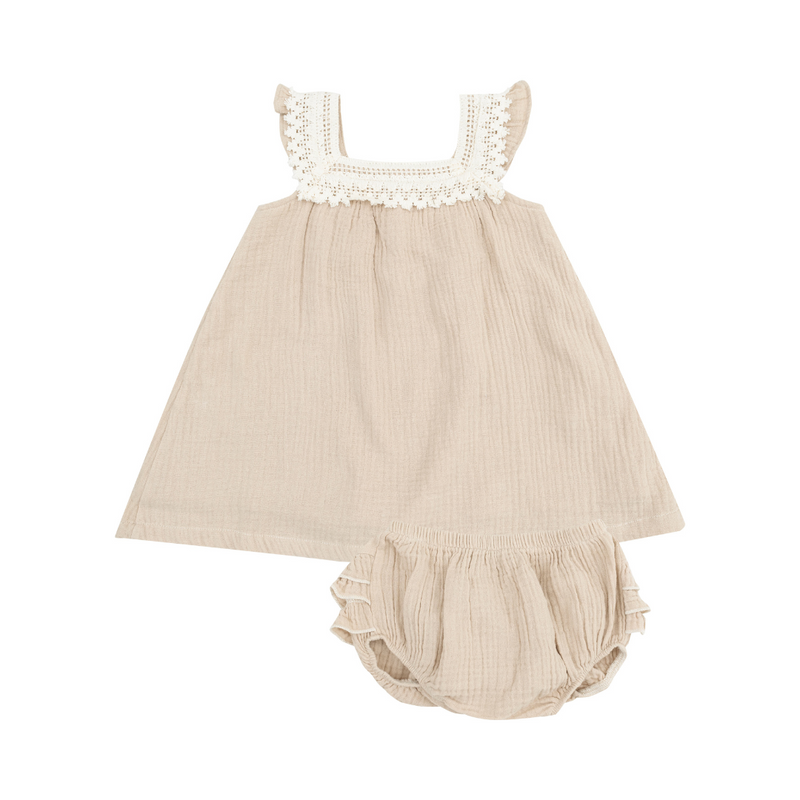 Angel Dear | Muslin Sundress with Heart Crochet | Solid Oxford Tan