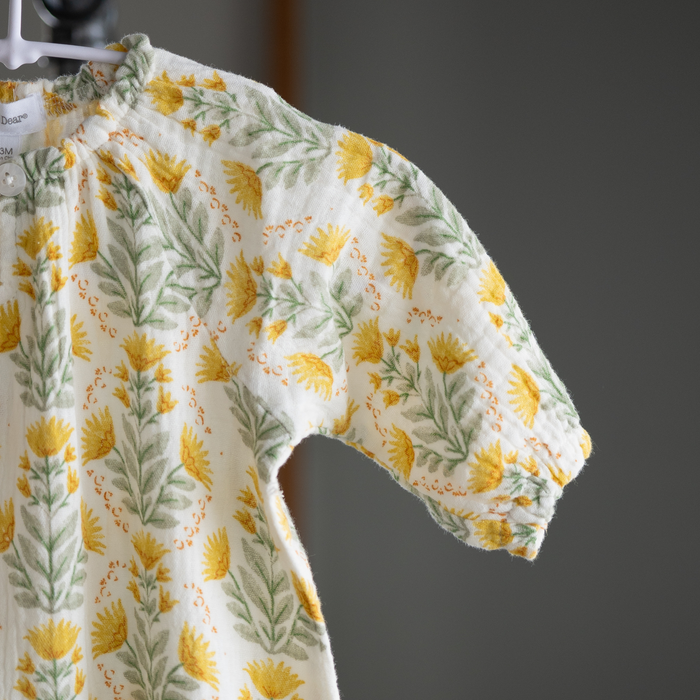 Angel Dear| Peasant Romper W/ Elastic Neck + Button | Winter Dandelions