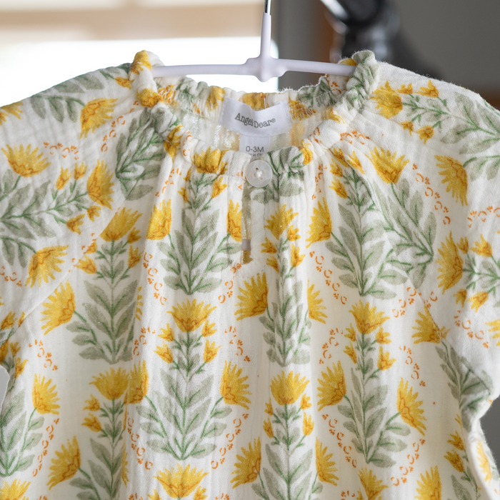 Angel Dear| Peasant Romper W/ Elastic Neck + Button | Winter Dandelions