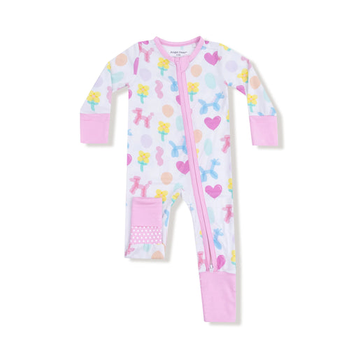 Baby onesie with colorful balloon animal patterns on a white background