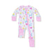 Baby onesie with colorful balloon animal patterns on a white background