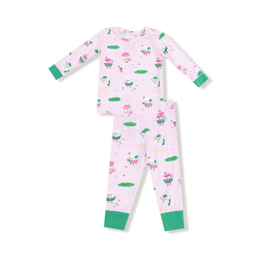 Children's pajama set with a pink pattern on a white background