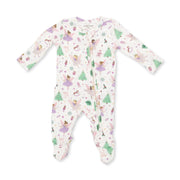A baby footed sleeper with long sleeves and a front zipper, featuring a whimsical print of ballerinas, Christmas trees, and snowflakes on a white background.