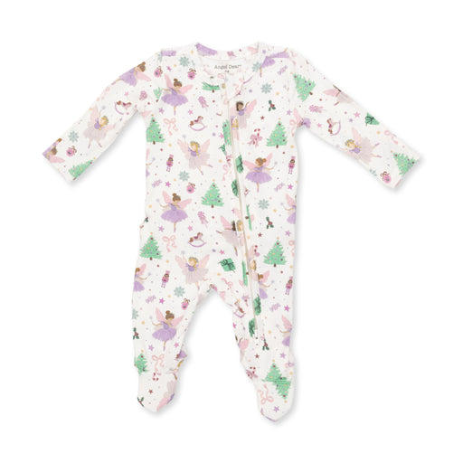 A baby footed sleeper with long sleeves and a front zipper, featuring a whimsical print of ballerinas, Christmas trees, and snowflakes on a white background.