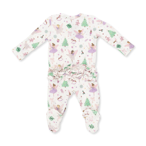 A baby footed one-piece sleeper with long sleeves and a ruffled waist, featuring a whimsical print of fairies, Christmas trees, and snowflakes on a white background.