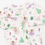 A long-sleeve baby sleep sack by Angel Dear featuring a whimsical fairy and Christmas tree print on a white background.