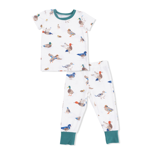 Children's pajama set with duck pattern on a white background