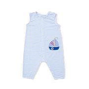 A sleeveless baby romper with light blue and white horizontal stripes, featuring a small embroidered sailboat motif on the left chest. The romper has a snap-button front and leg openings, shown against a plain white background.