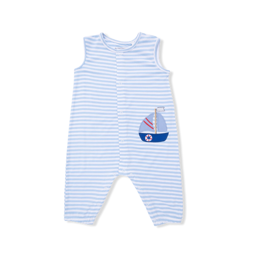 A sleeveless baby romper with light blue and white horizontal stripes, featuring a small embroidered sailboat motif on the left chest. The romper has a snap-button front and leg openings, shown against a plain white background.