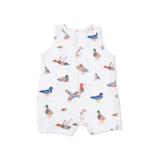 Baby romper with duck pattern on a white background