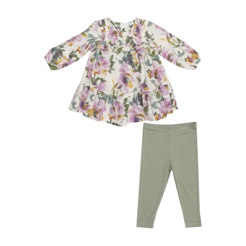 Angel Dear | Smocked Ruffle Dress w/ Leggings | Watercolor Roses